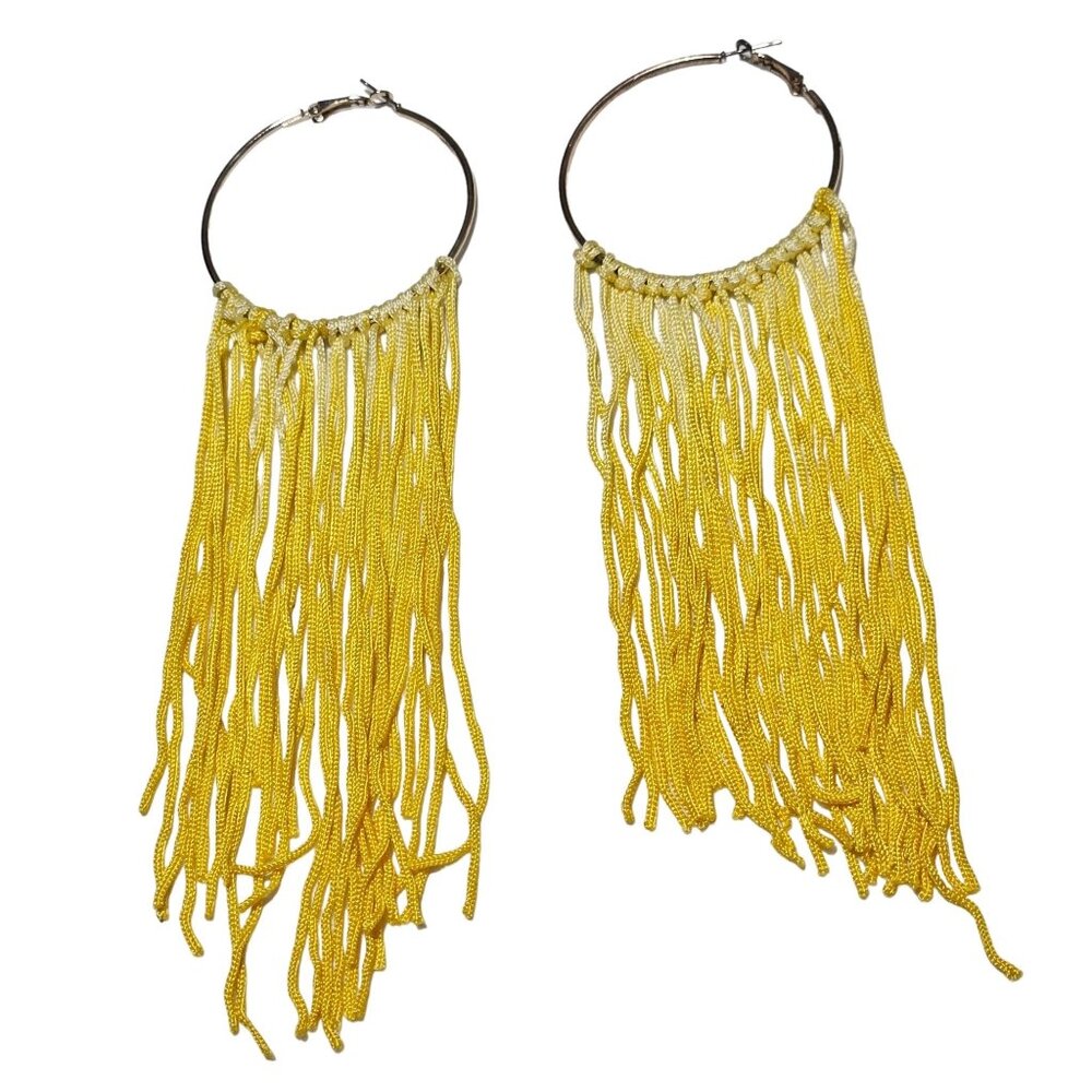 Retro Boho Yellow Tassel Fringe Hoop Earrings 60s 70s Fashion Jewelry Women